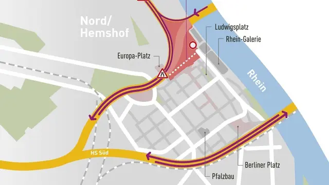 Die Rampe auf die Hochstraße parallel zur Dessauer Straße wird in beide Richtungen befahrbar, so dass man von der Rheinuferstraße Richtung Innenstadt kommt. | Foto: Stadt Ludwigshafen