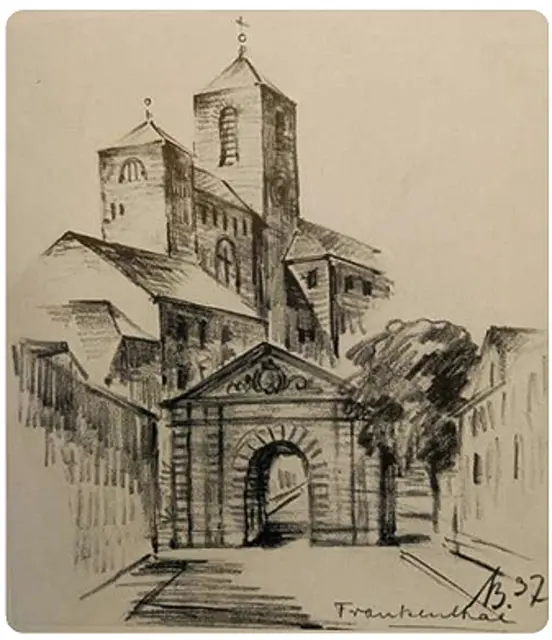 Die Kirche St. Ludwig mit Wormser Tor. Eine Zeichnung von Albert Boßlet aus dem Jahr 1937.  | Foto: Friedhelm Trowe