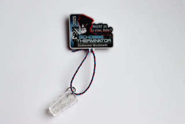 Der Dubbeglas-Orden von Erfinderin Dania Mayer läuft 2025 unter dem Motto "Hoscht aa la vino, Baby? - Schobbe Therminator".  | Foto: Stadt Bad Dürkheim