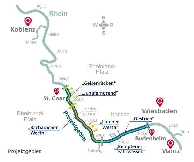 Das Projektgebiet zwischen Budenheim und St. Goar | Foto: Bundesanstalt für Wasserbau