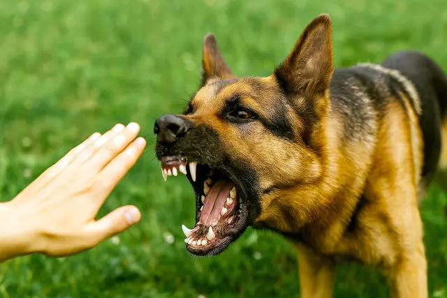 Symbolfoto: Ein aggressiver Schäferhund schnappt nach einer Hand. Nach einem Angriff in Ludwigshafen wird erneut über einen verpflichtenden Hundeführerschein diskutiert. | Foto: Erik Stegner erstellt mit ChatGPT