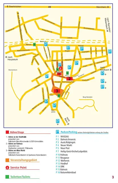 Übersichtskarte zum Landstuhler Stadtfest 2025: Drei Bühnen, zahlreiche Parkmöglichkeiten sowie Service- und Toilettenstationen in der Innenstadt. | Foto: Stadt Landstuhl