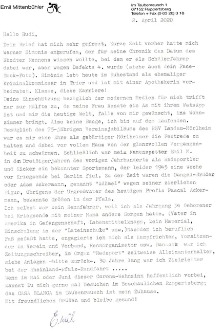 Emils Mittenbühler (Chronist vom RSV) letzter Brief an mich! | Foto: Rudi Birkmeyer