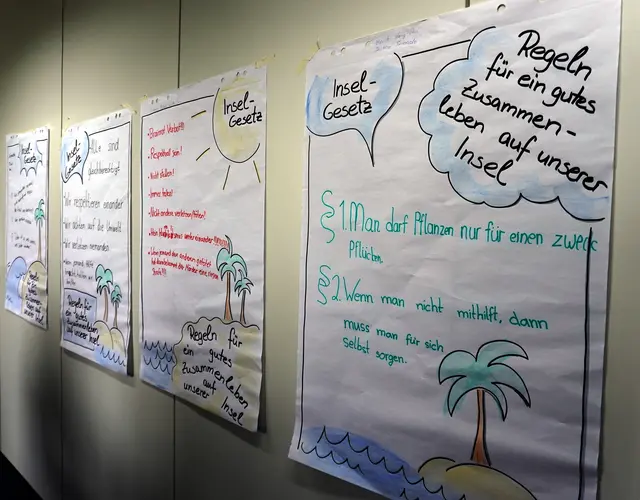 Die Kinder entwarfen in der Einheit "Was ist Recht?" eigene "Insel-Gesetze" und hielten ihre Ideen für ein friedliches Zusammenleben kreativ auf Plakaten fest. | Foto: Bildrechte: DHBW KA//DI