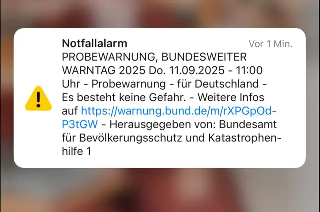 Der Notfallalarm beim Warntag 2025: Über das Handy erhalten Bürgerinnen und Bürger Deutschlands eine Warnung | Foto: Screenshot Katharina Wirth