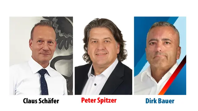 Bürgermeisterwahl Rodalben 2025: Die Kandidaten Claus Schäfer (CDU), Peter Spitzer (SPD) und Dirk Bauer (AfD) stellen sich zur Wahl. | Foto: Fotomontage: Erik Stegner. Bilder: Schäfer, Spitzer, AfD-Kreisverband Südwestpfalz. 