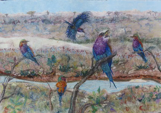 Jacklyn Gratzfeld mit dem Kunstwerk „Birds of South Africa Lilac Breasted Roller Best“ – zu sehen in der eARTh-Ausstellung im Kreishaus | Foto: Jacklyn Gratzfeld 