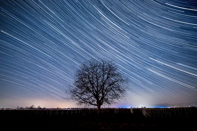 3 Böbinger Baum mit Startrails.
Startrails sind Sternspuren. Das Bild besteht aus 350 Einzelfotos, aufgenommen im Februar | Foto: Georg Beck