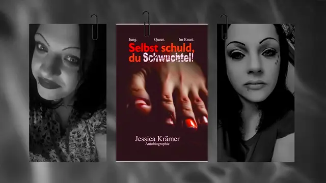 Von Schlagzeilen zur Lebensgeschichte: Jessica Krämer aus Landstuhl erzählt in „Selbst schuld, du Schwuchtel!“ ihre Vergangenheit mit all ihren Abstürzen, Kämpfen und Neuanfängen. | Foto: Fotomontage: Stegner / Fotos: Jessica Krämer
