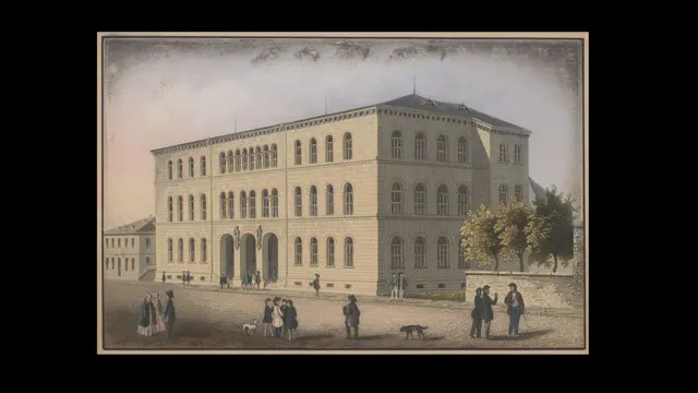 Die Polytechnische Schule um 1840: Das 1836 errichtete, dreistöckige Gebäude von Heinrich Hübsch bildet heute den Westflügel des KIT-Hauptgebäudes an der Karlsruher Kaiserstraße. | Foto: Unbekannt, KIT-Archiv
