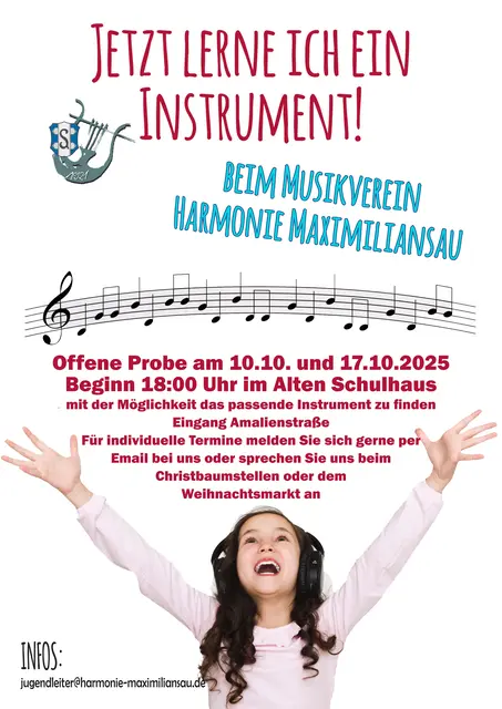 Das Plakat zur Veranstaltung: Beim Musikverein Harmonie Maximiliansau kann eine Probe der Schülerkapelle besucht werden. | Foto: Melanie Ochs / Markus Burck