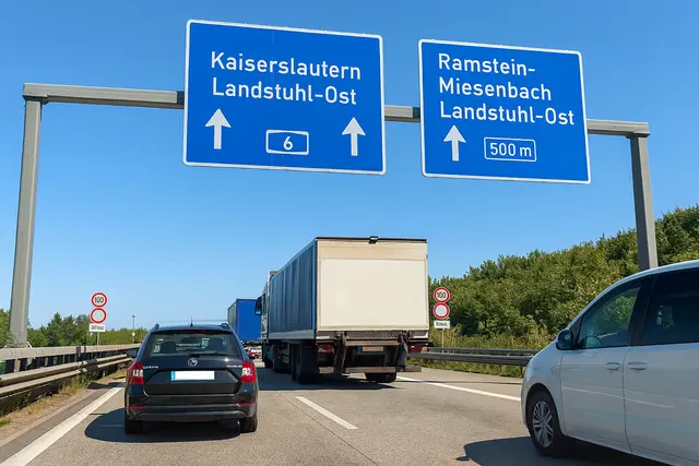 Verkehr auf der A6 bei Ramstein-Miesenbach: Im Bereich zu der Anschlussstelle Landstuhl-Ost kommt es immer wieder zu kurzfristigen Behinderungen – kommende Woche stehen hier Brückenprüfungen an. | Foto: Erik Stegner mit ChatGPT