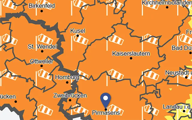 Karte des Deutschen Wetterdienstes: Für die gesamte Westpfalz – von Kusel über Kaiserslautern bis Pirmasens – gilt am Donnerstag, 23. Oktober, eine amtliche Warnung vor Sturmböen. | Foto: Deutscher Wetterdienst / dwd.de