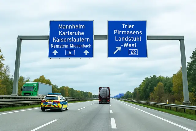 Verkehr auf der A6 bei Landstuhl: Im Bereich des Autobahnkreuzes Landstuhl-West werden kommende Woche mehrere Brücken überprüft – Autofahrer müssen auf der A6 und A62 mit Einschränkungen rechnen. | Foto: Erik Stegner mit ChatGPT