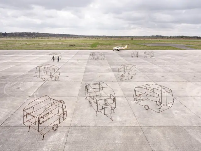 In der vielschichtigen Rauminszenierung treffen Metallplastiken von Ulrich Schreiber auf Fotografien von Rainer Zerback und verbinden sich. Ulrich Schreiber / Rainer Zerback, Flugplatz Mainz-Finthen, Textildruck, 180 × 240 cm, 2022 | Foto: Ulrich Schreiber/Rainer Zerback