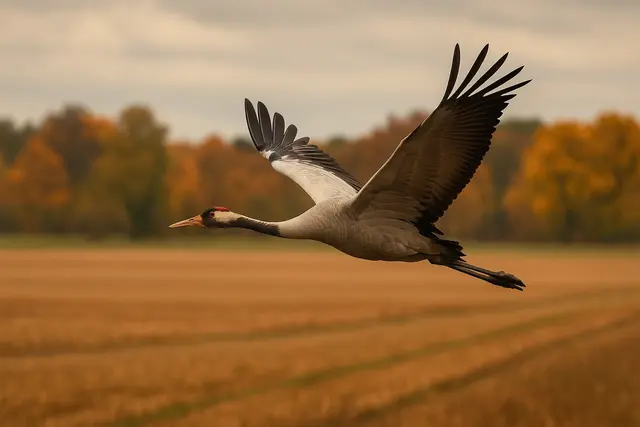 Ein Kranich im Herbstflug über der Westpfalz – bei Steinwenden wurde ein verendeter Vogel gefunden, der vermutlich mit dem Virus der Geflügelpest infiziert war. | Foto: Erik Stegner mit ChatGPT erstellt