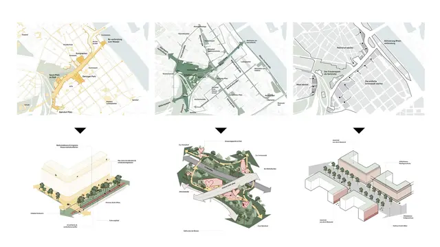 Grafiken des Planungsbüros Adept zeigen, wie das Schwammstadtprinzip in Ludwigshafen umgesetzt werden soll. Im Altbestand wird durch den Superblock das Pflanzen von Bäumen möglich (siehe rechte Grafik) | Foto: Planungsbüro Adept
