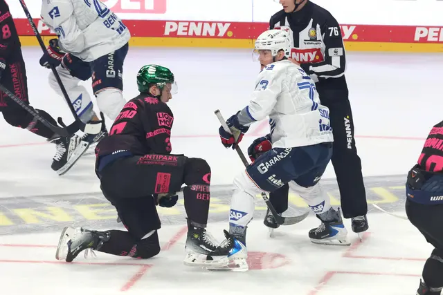 Kampf um jeden Zentimeter. Das gilt auch beim Bully von Eisbär Markus Vikingstad (links) und Adler Zach Solow (rechts). | Foto: Nordphoto/PIX-Sportfotos