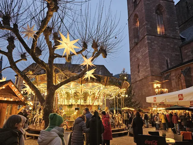 Weihnachtsmarkt Neustadt 2025: Historisches Pferdekarussell und Stiftskirche im festlichen Lichtermeer. | Foto: Eva Bender