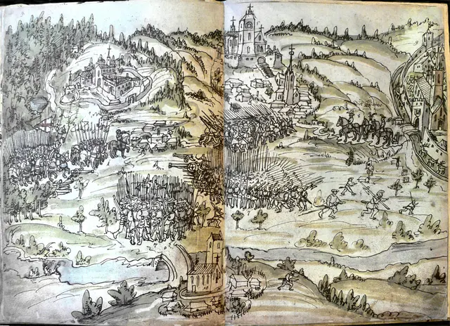 Weissenauer Chronik des Bauernkrieges von 1525; Fürstlich Waldburg-Zeil'sches Gesamtarchiv, Schloss Zeil, ZA Ms 54. Seiten 34-35.  | Foto: Wikimedia Commons