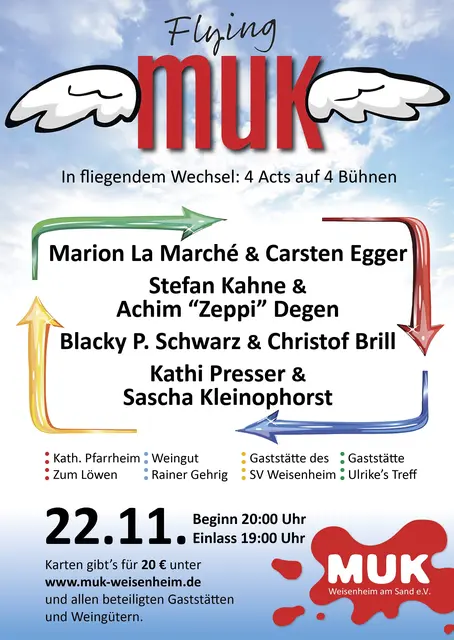 Flying MUK mit Marion La Marché, Carsten Egger, Stefan Kahne, Achim Degen, Blacky P. Schwarz, Christof Brill, Kathi Presser, Sascha Kleinophorst in Weisenheim am Sand am 22.11.2025 | Foto: MUK Weisenheim am Sand e.V.