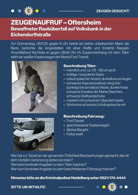 Zeugenaufruf Raubüberfall Oftersheim | Foto: Polizei Mannheim