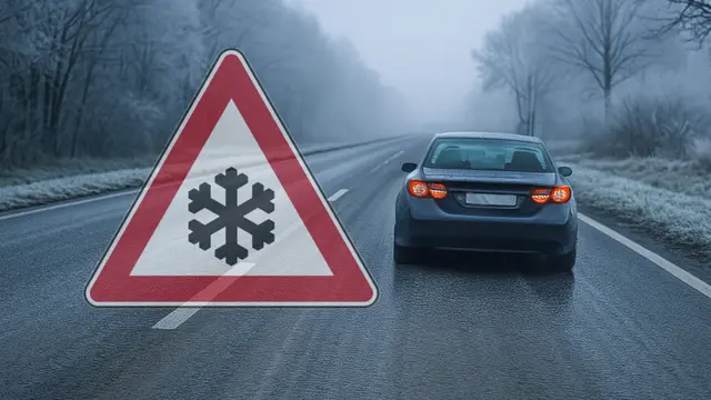 Symbolfoto: Frostige Straßen und erhöhte Glättegefahr durch Tief „Ulf“ – Autofahrer sollten besonders vorsichtig sein. | Foto: Erik Stegner mit ChatGPT