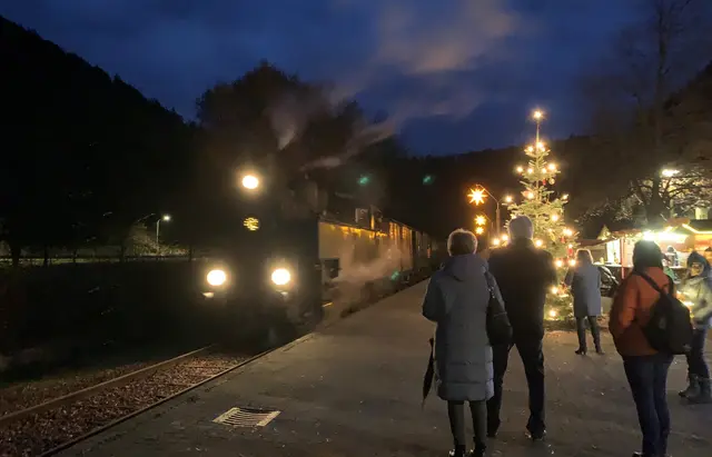 Einfahrt de Kuckucksbähnels in Elmstein am Kuckucksbahnhof, anlässlich der Nikolausfahrten | Foto: Heike Zinsmeister