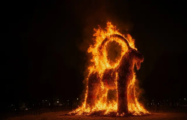 der brennende Gävlebocken - ein bizarres Zeichen schwedischer Anarchie und beliebte Weihnachtstradition zugleich | Foto: Heike Schwitalla - bearbeitet mit KI