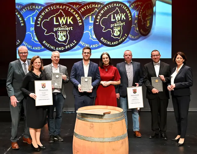 Die Träger der drei Großen Staatsehrenpreise in der Pfalz stellten sich zum Gruppenfoto: Wein- und Sektgut Wilhelmshof (Siebeldingen), Weingut Hartmann (Kirrweiler) und Wachtenburg Winzer eG. Kammerpräsident Horper (von links), die Weinkönigin der Pfalz Anna Cölsch und Weinbauministerin Daniela Schmitt gratulierten. | Foto: LWK RLP/Kai Mehn