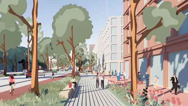 Entlang der Straße sind breite Grünstreifen mit zwei Baumreihen für 920 Bäume geplant. Daneben ist eine mittige Straßenbegrünung geplant.  | Foto: Planungsbüro Adept