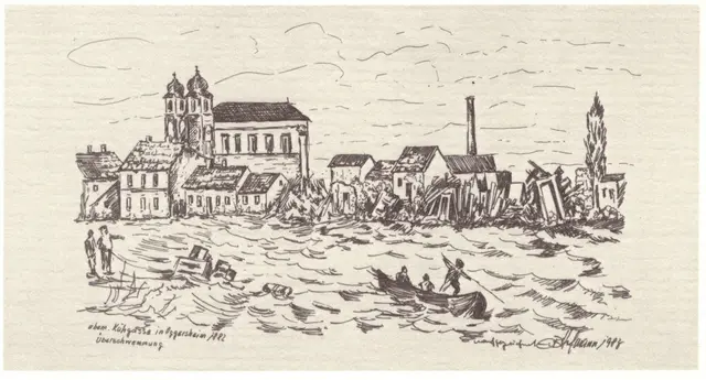 Überschwemmung der Kuhgasse in Oggersheim 1882 nach der Rheinbegradigung: In den Folgejahren wurden stabilere und höhere Dämme gebaut.  | Foto: Eugen Bernhard Hofmann