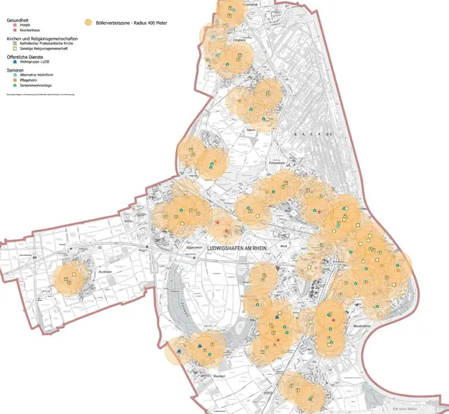 Die Verbotszonen um Einrichtungen für Ältere, Kinder und Jugendliche, Krankenhäuser, Hospize und weitere Häuser | Foto: Stadt Ludwigshafen