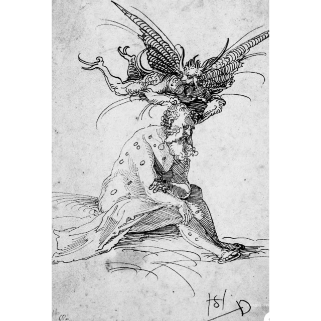 Hans Schäufelin: Hiob von Dämonen gepeinigt, um 1508–1510.
Die Zeichnung zeigt Hiob in äußerster körperlicher und seelischer Bedrängnis. Der geflügelte Dämon verdichtet das Leid zur sichtbaren Prüfung des Glaubens. Trotz der Gewalt bleibt Hiob in sich gekehrt und standhaft – ein frühes Beispiel für die Darstellung existenziellen Leidens in der Kunst der Reformationszeit. | Foto: Quelle: Google Arts &amp; Culture © Staatliche Museen zu Berlin, Kupferstichkabinett