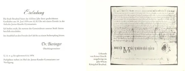 Einladung zur 1000-Jahr-Feier mit Abdruck der Urkunde Otto II.  | Foto: Vorlage: Stadtarchiv Bruchsal