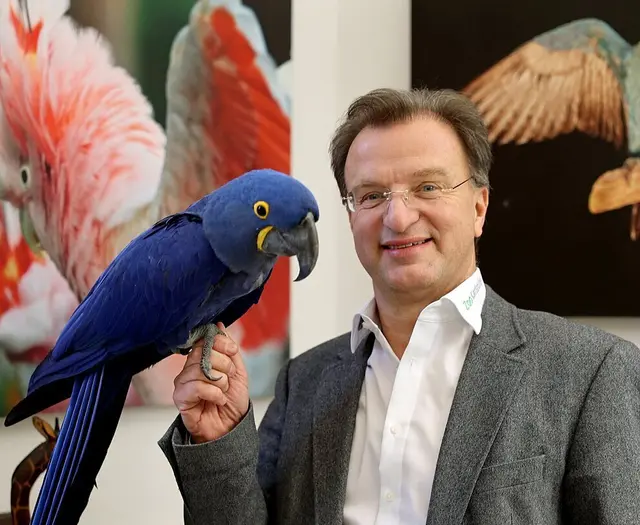 Zoodirektor Dr. Matthias Reinschmidt (auf dem Bild mit Hyazinth Ara Henry) freut sich über das zweite Rekordjahr in Folge | Foto: Zoo Karlsruhe, Timo Deible