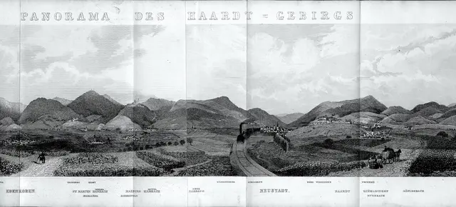 George Cooke Lambert, Panorama des Haardtgebirgs, Stahlstich aus: Friedrich Konrad Bruckner, Das Haardtgebirge und seine Umgebungen. Ein Führer für Fremde und Einheimische, Neustadt a. d. H.: A. H. Gottschick [1847], 22 × 154 cm, privat. | Foto: Maria Männig
