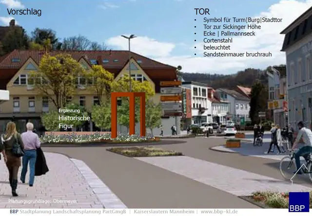Ein neues Wahrzeichen für Landstuhl? Die Visualisierung zeigt, wie das Pallmanns Eck nach dem Willen des Stadtrats künftig aussehen soll – mit einem markanten Stadttor, historischen Bezügen und neu gestalteter Kreiselinnenfläche. | Foto: Grafik: Obermeyer/BBP