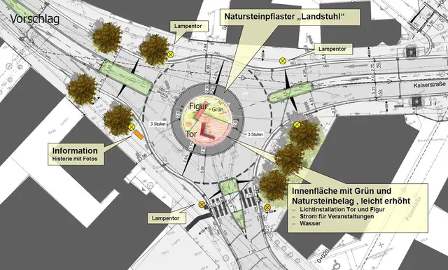 Der Plan zeigt das vom Stadtrat beschlossene Gestaltungskonzept für den neuen Kreisverkehr am Pallmanns Eck. Vorgesehen sind unter anderem eine Skulptur als „Tor zur Sickinger Höhe“, historische Bezüge und eine teilweise begrünte Innenfläche. | Foto: BBP Stadtplanung/Obermeyer