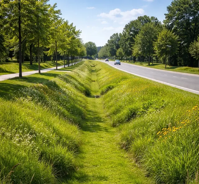 Symbolbild Versickerungsgraben entlang einer Straße | Foto: Julia Glöckner/KI-generiert