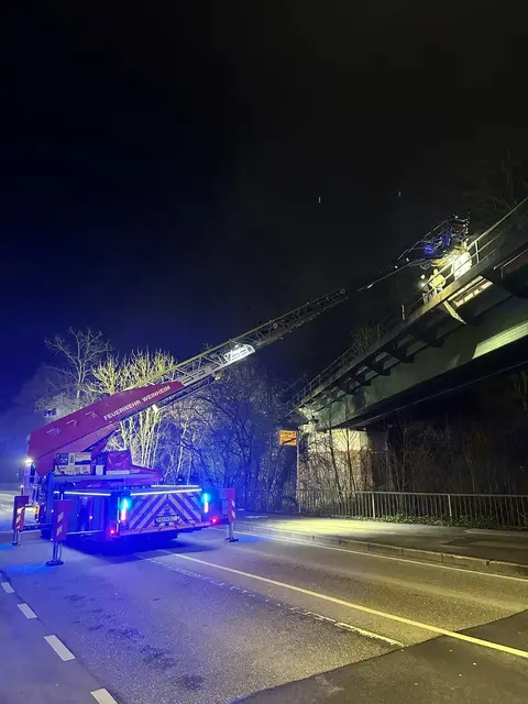 Mit der Drehleiter der Feuerwehr Weinheim wurden die vier aus ihrer misslichen Lage gerettet. | Foto: Feuerwehr Weinheim