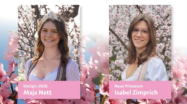 Die Gimmeldinger Mandelblütenhoheiten: Mandelblütenkönigin Maja Nett und die neue Mandelblütenprinzessin Isabel Zimprich  | Foto: Reihard Kermann und Andrea Reiser