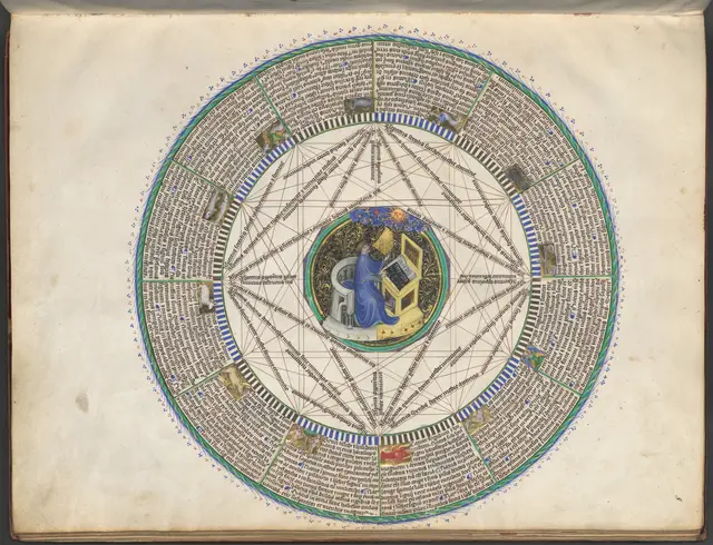 Ein Astrologe bei der Arbeit inmitten der zwölf Tierkreiszeichen (Astronomisch-astrologische Handschrift für König Wenzel IV. von Böhmen – München, Bayerische Staatsbibliothek, BSB Clm 826)  | Foto: Museum unterm Trifels