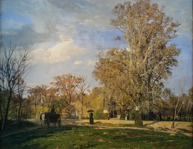 Kinder und Eltern entdecken die Ausstellung ‚Tina Blau – Im Freien‘ und gestalten anschließend ihren eigenen idealen Park im Atelier. Das Foto zeigt das Gemälde "Apriltag im Prater", 1889, Öl auf Leinwand | Foto: Andreas Kusch/mpk/gratis