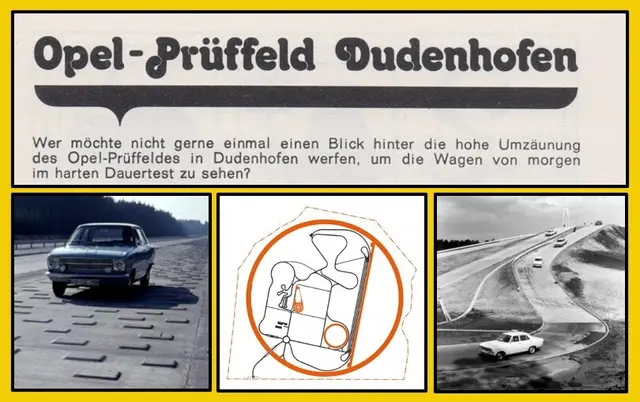Das geheimnisumwobene Opel-Prüffeld in Dudenhofen | Foto: Collage-cke: Ausschnitte aus „Opel Jugendkalender ´77“, Fotos: auto-medienportal / Opel; Repro cke