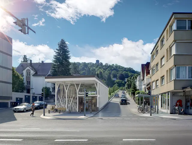 Neue Talstation Turmbergbahn: Im Zuge der Neugestaltung wird die Turmbergbahn in Durlach bis zur Bundesstraße B3 verlängert und dort eine neue Talstation errichtet. Fahrgäste können dort dann barrierefrei von der Bus- und Bahnhaltestelle in die Standseilbahn umsteigen | Foto: Visualisierung Garaventa/Forum 4;