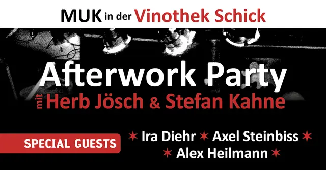 MUK Afterworkparty mit Ira Diehr, Axel Steinbiss, Alex Heilmann, sowie Stefan Kahne &amp; Herb Jösch am 02.04.2026 in der Vinothek Schick | Foto: MUK Weisenheim am Sand e.V.