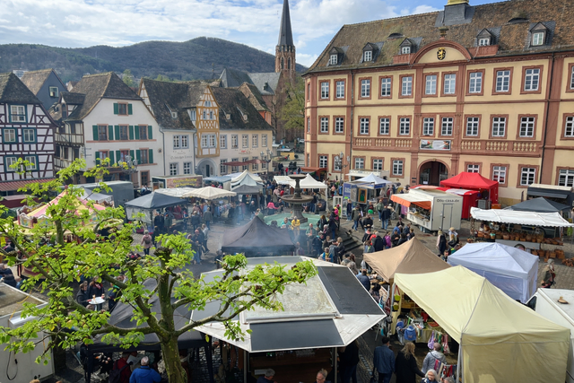 Frühlingsstimmung auf dem Marktplatz: Beim Frühlingsmarkt in der Altstadt von Neustadt an der Weinstraße laden zahlreiche Marktstände zum Bummeln und Probieren regionaler Spezialitäten ein. | Foto: Stadtmarketing/Kerstin Gellweiler