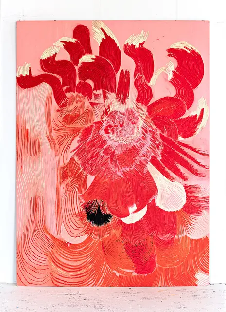 Birgit Brandis, roter Bewuchs, 2022, Acryl auf Holz, 205 x 155 cm | Foto: Galerie Peter Zimmermann