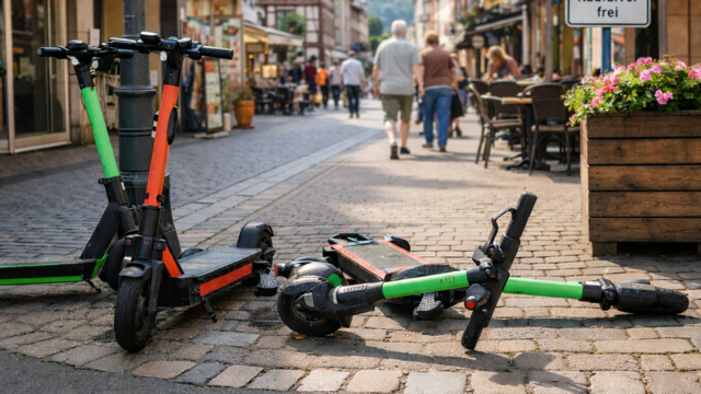 So sollte es nicht aussehen: Falsch abgestellte E-Scooter können Gehwege blockieren und für Fußgänger zum Problem werden. | Foto: Mit KI generiert/Eva Bender